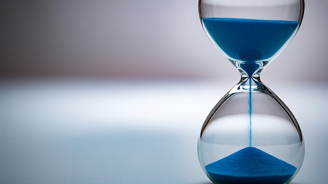 Close-up of blue hourglass on reflective surface