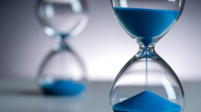 Close-up of two hourglasses with blue sand on a gray surface