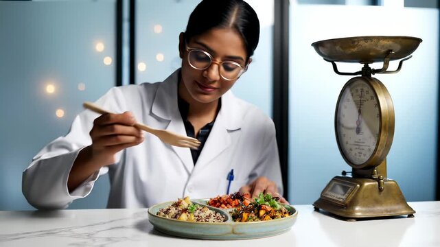 Nutritionist examines healthy food portions with scale near window. Woman dietitian analyzes quinoa bowl meal. Nutritionist measures food portions. Dietitian studies healthy meal with vegetables.