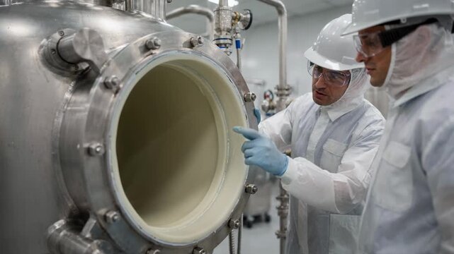 Close view of polymerlined reactor assembly by technicians showcasing flexible corrosionresistant materials used in small batch chemical production.
