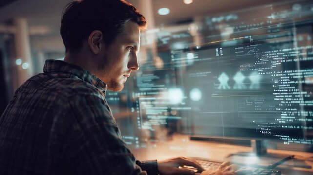 Exploring new programming technologies while developing a website in a modern workspace with digital interfaces
