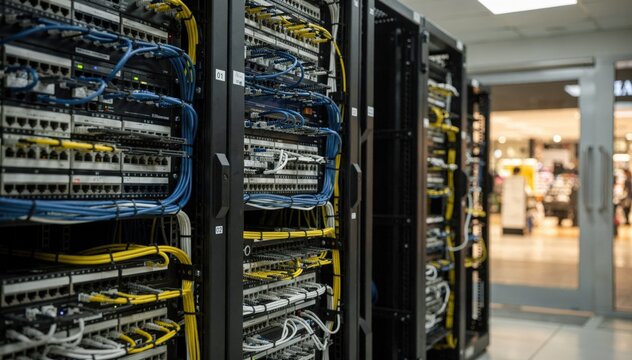 Close medium shot featuring multiple telecom carrier racks and network patch panels in a malls secure server room with a softly blurred retail space visible beyond.