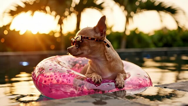 Chihuahua dog floats in swimming pool wearing sunglasses. Funny dog relaxes on pink inflatable ring at sunset. Small pet enjoys summer pool vacation. Dog with sunglasses rests. Summer holiday fun.