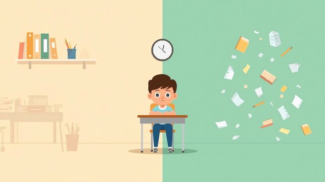 ADHD child in classroom split world calm and chaos flat vector illustration