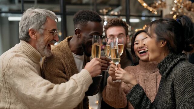 Diverse team members celebrate with champagne during a lively corporate holiday gathering at a modern office space