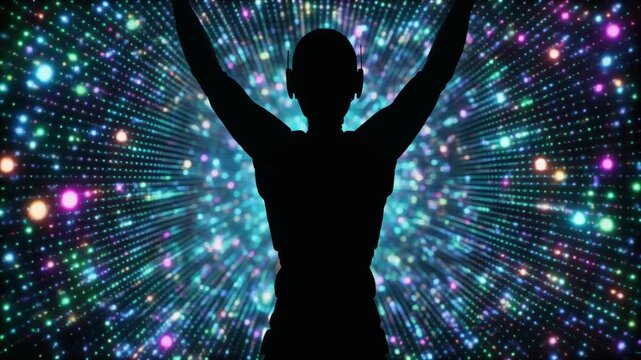 silhouette of a person with arms raised in colorful vibrant light disp
