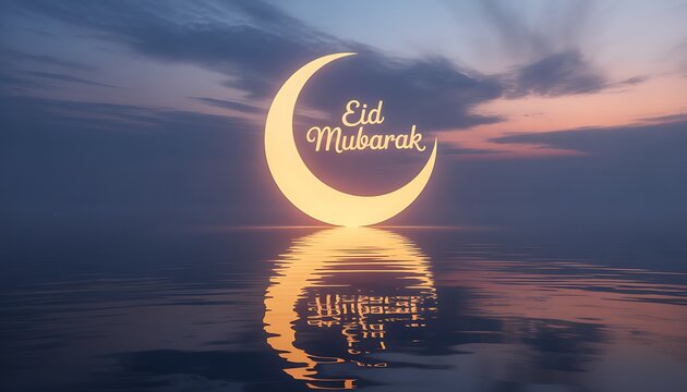 Golden Crescent Moon Reflection Eid Mubarak Water Landscape