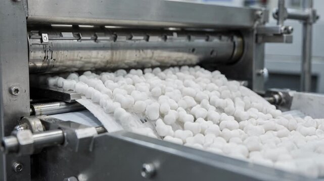 Medium shot capturing the trilobe zeolite pellets emerging from a shaping machine highlighting their unique threelobed design and precision manufacturing.