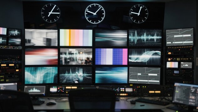 Medium shot of a master control room wall featuring a multiscreen video display with live channel feeds dynamic waveforms and synchronized clocks in sharp focus background softly