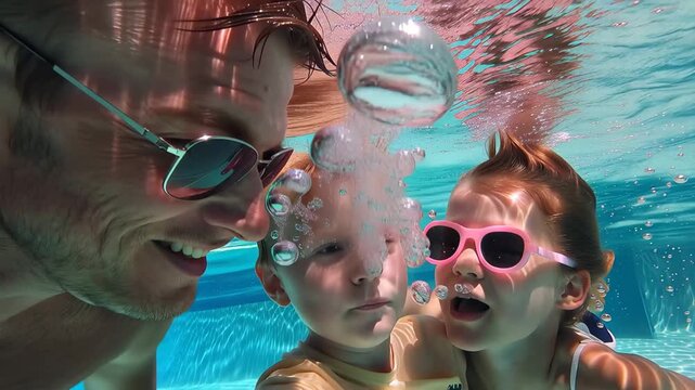 Family enjoys playful moments underwater in swimming pool during sunny afternoon, creating lasting memories together