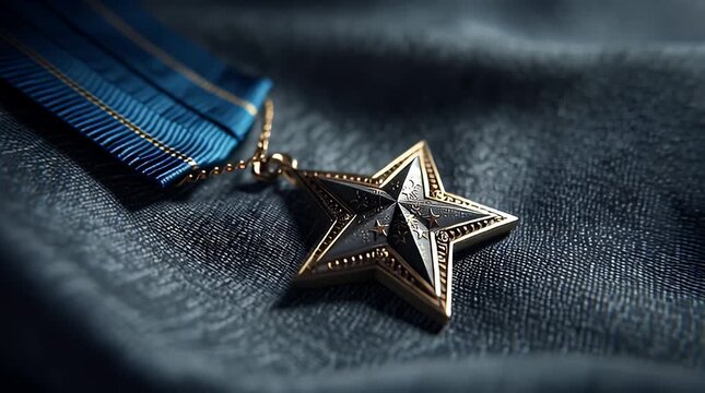 Gold star medal with blue ribbon.