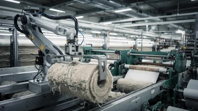 Medium shot of a robotic arm efficiently transferring thick wool bolts across an industrial textile facility showcasing precision material handling in automated fabric
