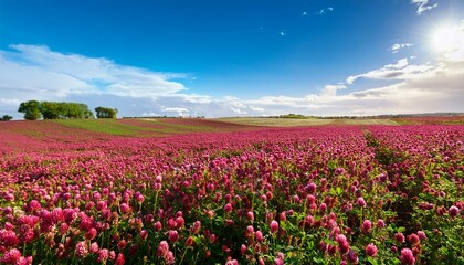 Fototapeta premium Field Of Pink Crimson Clover Agriculture Nitrogen Fixing Cover Crop