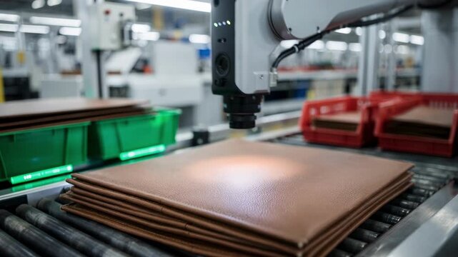 Medium shot of AIpowered camera inspecting leather upholstery cuts efficiently identifying and sorting flawless panels from defective areas in a modern factory setting.