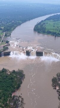 Vertical Aerial View of Chitrakote Waterfalls During Monsoon Bastar Chhattisgarh India