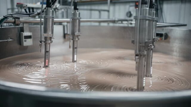 Medium shot displaying a close view of smart probes immersed in a chemical tank automatically regulating pH and dosing with AIdriven algorithms for stable pigment quality.
