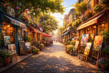 Naklejka premium Charming street lined with colorful shops and art displays under warm sunlight.