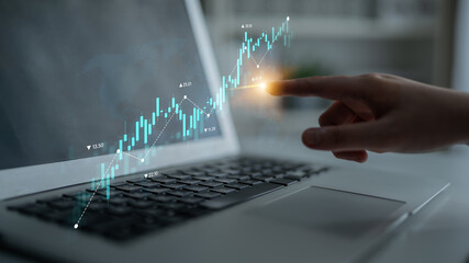 Stock market analysis with candlestick chart and price movement trend line, highlighting global...