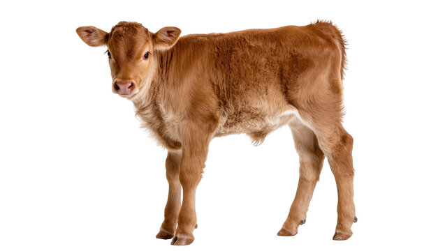 Isolated young brown calf standing, looking curiously, adorable farm animal portrait