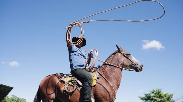 Cowboy sitting on a brown horse, expertly spinning a lasso over his head. Ranch hand showing roping skills on a sunny day with blue sky