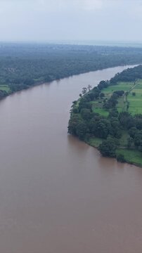 Vertical Aerial View of Chitrakote Waterfalls During Monsoon Bastar Chhattisgarh India
