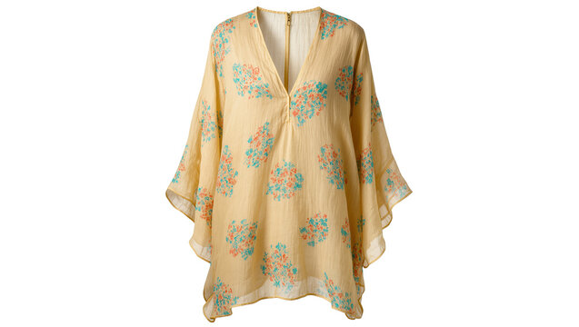 Isolated stylish yellow women's kaftan tunic with vibrant floral design and V-neck