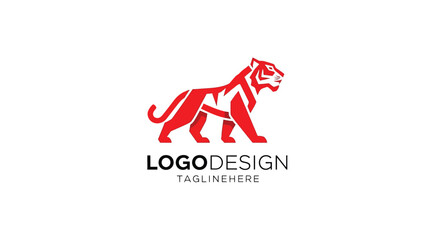 Logo design featuring a stylized red tiger walking to the right with a tagline on a clean and modern background vector illustration © Hikari Vector Studio