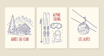 Vintage ski posters with apres ski club, alpine skiing and les alpes illustrations on beige background vector illustration © Hikari Vector Studio