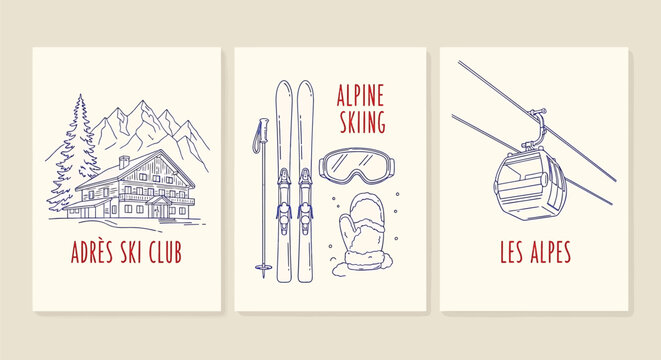 Vintage ski posters with apres ski club, alpine skiing and les alpes illustrations on beige background vector illustration
