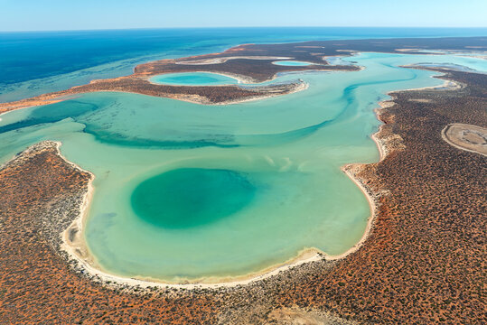 Aerial view of turquoise tidal lagoons winding through arid red scrubland to the ocean