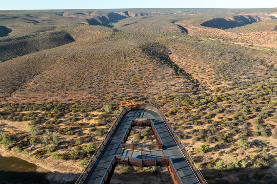 Elevated view of the Kalbarri Skywalk cantilevered over the Murchison River gorge