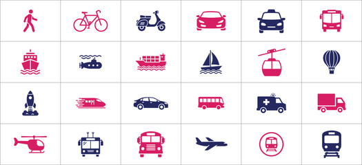 Transportation icons set including cars, Trucks, Buses, Trains, Airplanes, Boats, Bicycles, And scooters © Md Hafijul