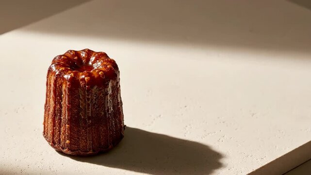 Delicate canele pastry on beige surface with soft lighting.