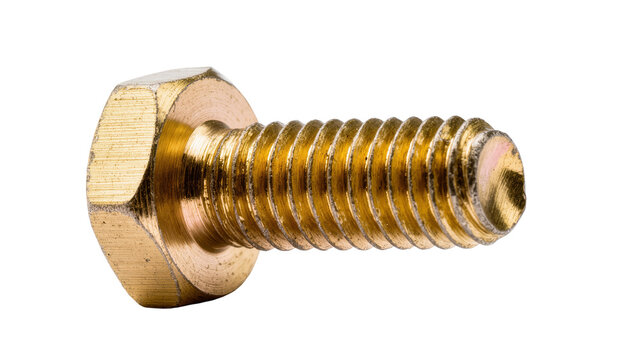 Isolated shiny brass bolt with hexagonal head and threaded shaft for industrial fastening