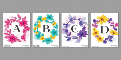 Elegant Floral Alphabet Poster Set with Decorative Flower Wreath Frames and Letters A B C D for Wedding Invitations, Monogram Design and Botanical Typography © MST-Studio