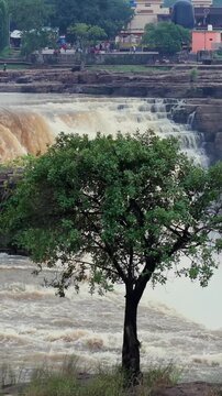 Vertical Aerial View of Chitrakote Waterfalls During Monsoon Bastar Chhattisgarh India