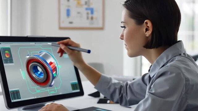 Woman working on a computer with graphics.