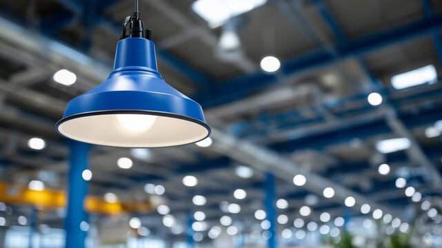 190Industrial warehouse interior with close-up of blue ceiling lamp, LED lighting casting soft reflections on steel beams, modern minimal design, architectural focus, realistic indust