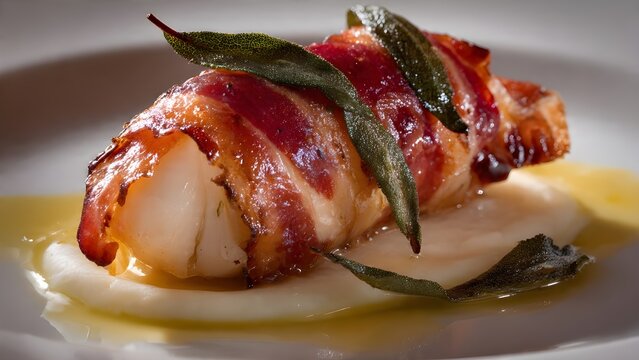 Close up of Gourmet Bacon Wrapped Scallop or Monkfish on Creamy Cauliflower Puree with Crispy Sage Leaves