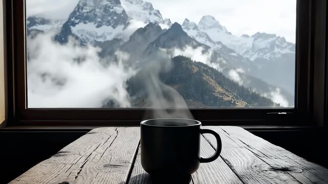 Steaming Coffee Cup On Rustic Table With Majestic Mountain View