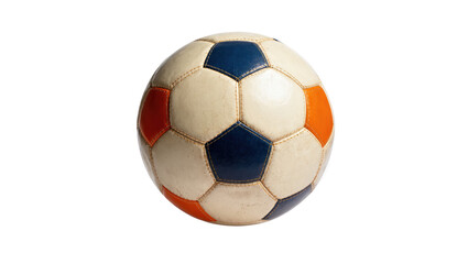 Fototapeta premium Isolated traditional soccer ball with blue and orange panels, depicting classic design and slight wear.