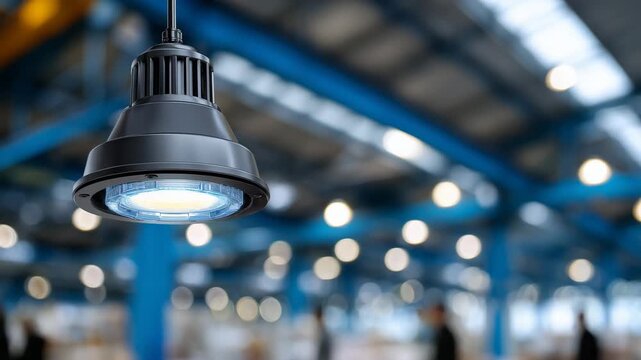 195Macro shot of blue LED industrial lamp, warehouse steel trusses and lighting structures blurred behind, realistic metallic textures, modern industrial interior design concept
