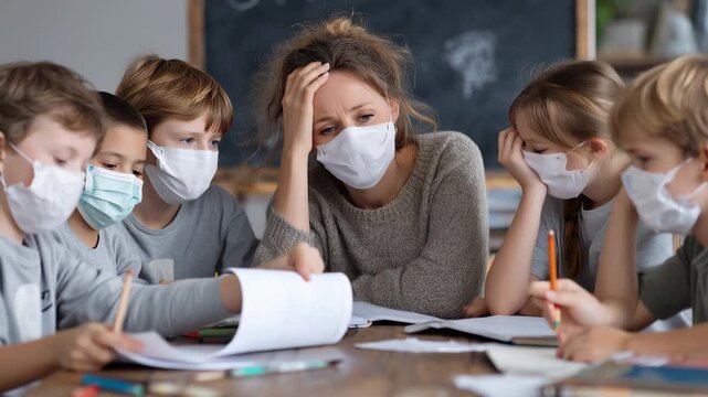 Group of homeschooling children causing trouble during their study session in a classroom setting