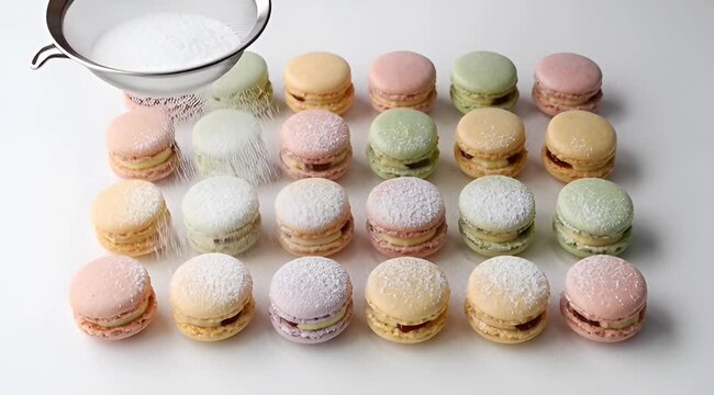 Powdered sugar is being sprinkled onto a group of colorful macarons