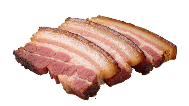 Isolated delicious cooked smoked pork belly bacon slices with crispy skin, juicy fat layers
