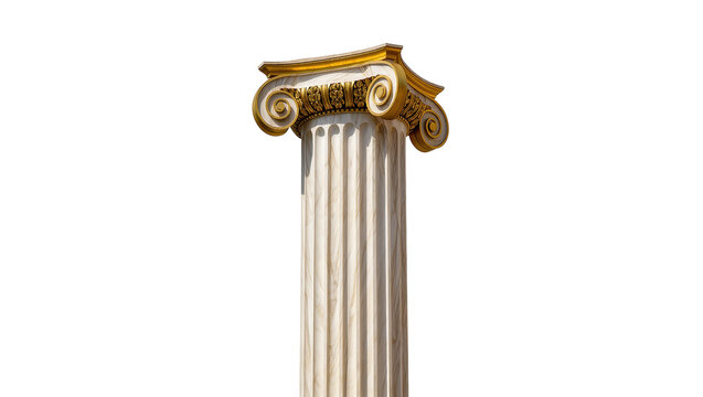 Isolated classical Ionic column capital with ornate golden decorative elements and fluted shaft