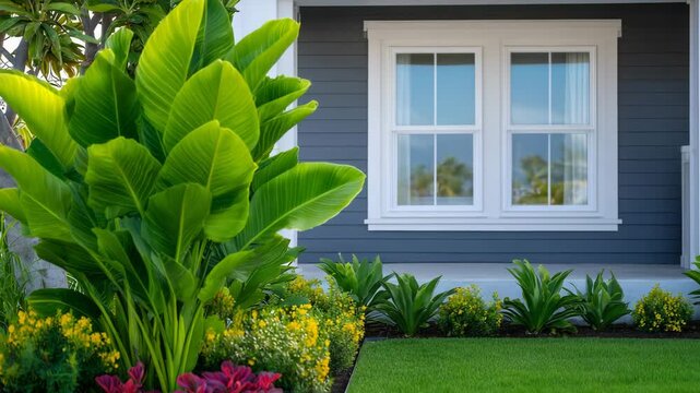 196Wide-angle view of modern home exterior with gray vinyl siding and white double-hung windows, lush green plants in foreground, warm sunlight casting soft shadows on the facade, cle