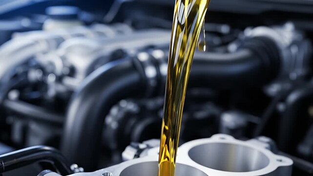 Motor oil pouring into engine lubrication system close view of golden automotive lubricant flowing from bottle inside vehicle maintenance service concept animation motion video footage