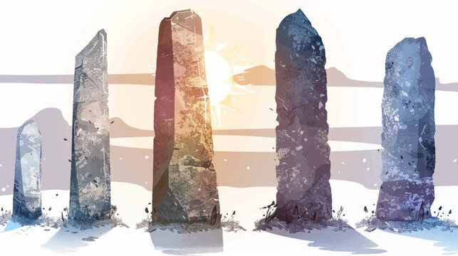 Standing stones in winter landscape, sun breaking through, watercolor textured illustration