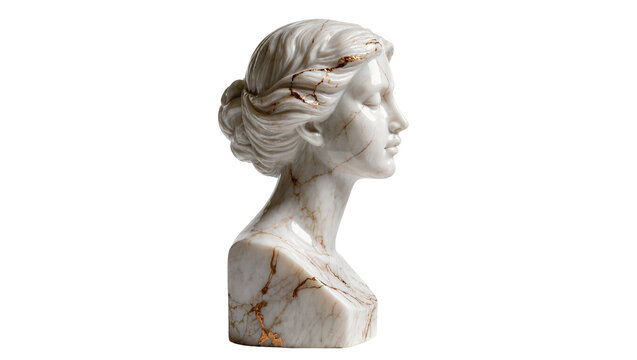 Isolated timeless marble bust of a graceful woman, featuring intricate golden veins, elegant profile.